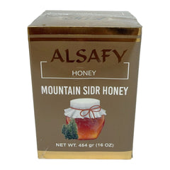 AlSafy Mountain Sidr Honey 12-pack 454g jars, showcasing natural golden honey in glass jars with honey dipper.