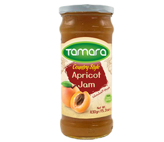 Tamara country-style apricot jam in a 430g jar, showcasing fresh apricots and spreadable fruit preserve.