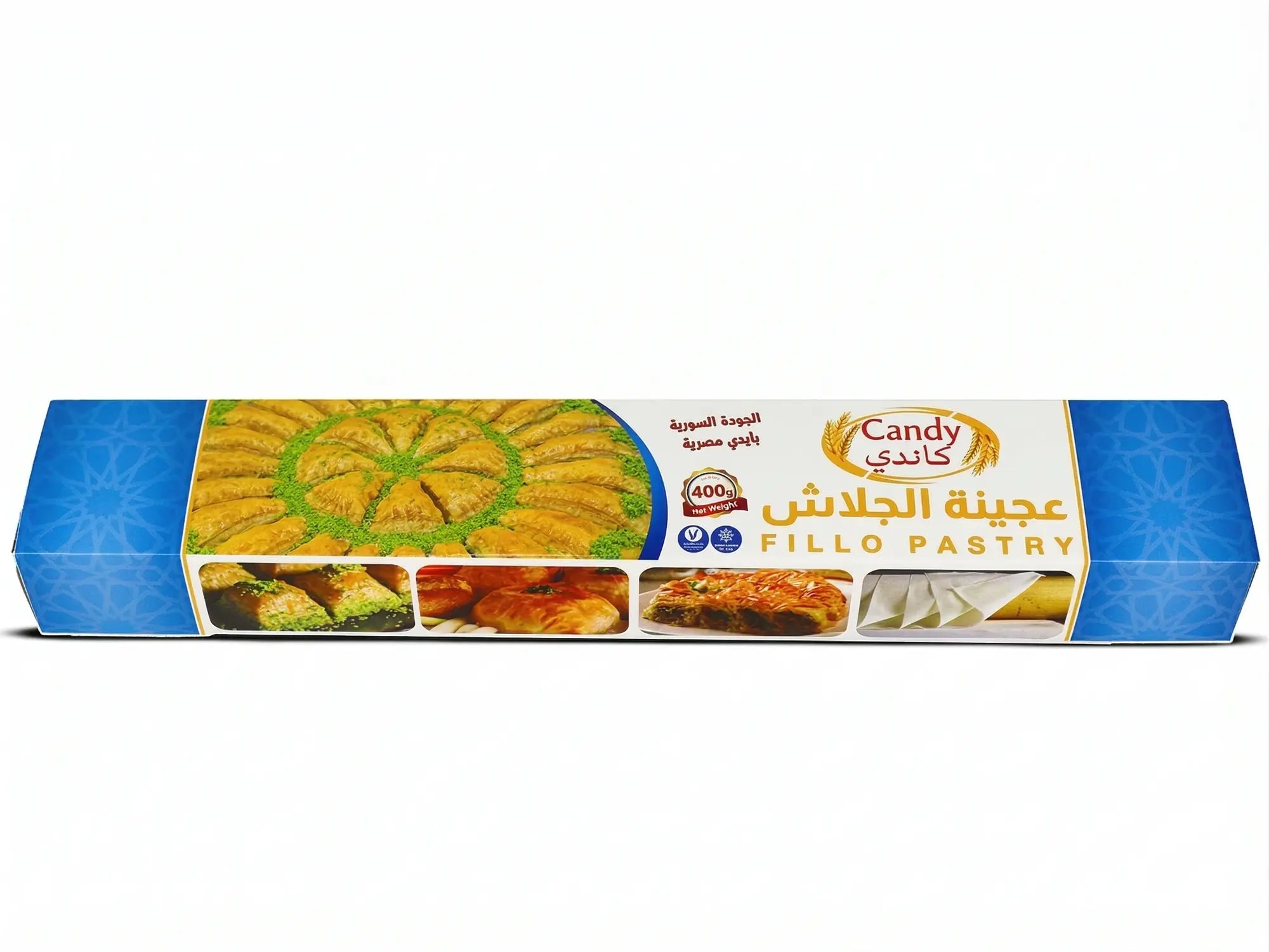 Candy Premium Fillo Pastry Sheets, 400g, thin flaky phyllo dough for baklava, pies, and Mediterranean appetizers.