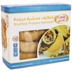 Candy brand frozen Katayef stuffed with walnuts, sugar, and cinnamon, ready to cook Middle Eastern vegetarian dessert, 10 pieces.