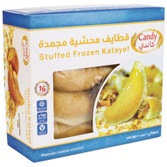 Candy brand frozen Katayef stuffed with peanuts, raisins, and coconut, ready-to-cook Middle Eastern dessert, 500g pack with 16 pieces.