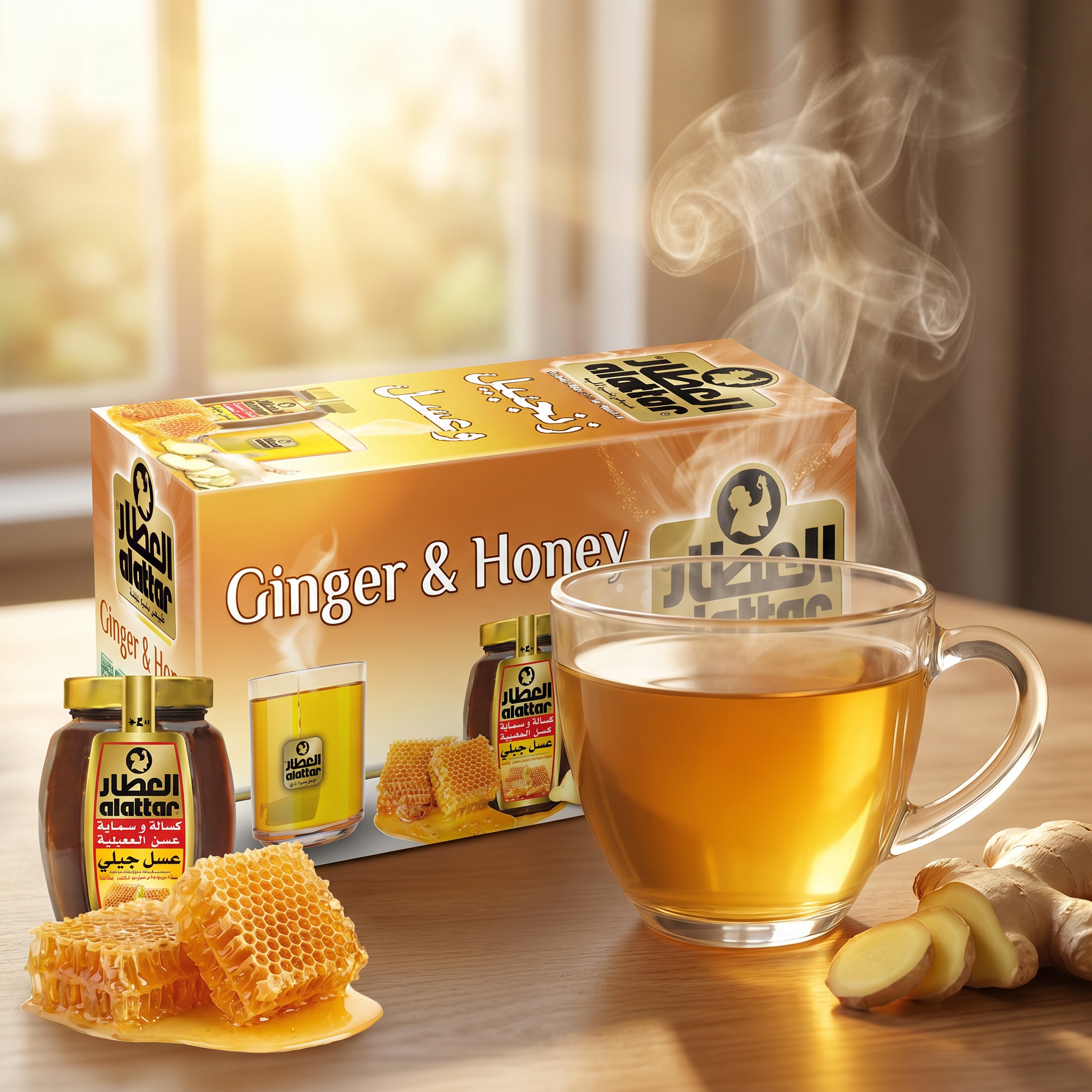 AlAttar Ginger & Honey Tea box with 20 tea bags, natural blend for daily wellness, featuring ginger and honey flavor.