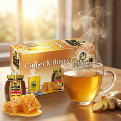 AlAttar Ginger & Honey Tea box with 20 tea bags, natural blend for daily wellness, featuring ginger and honey flavor.