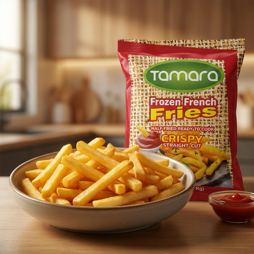 Frozen Tamara French Fries 5lb package with straight cut, crispy texture, ideal for quick meals.