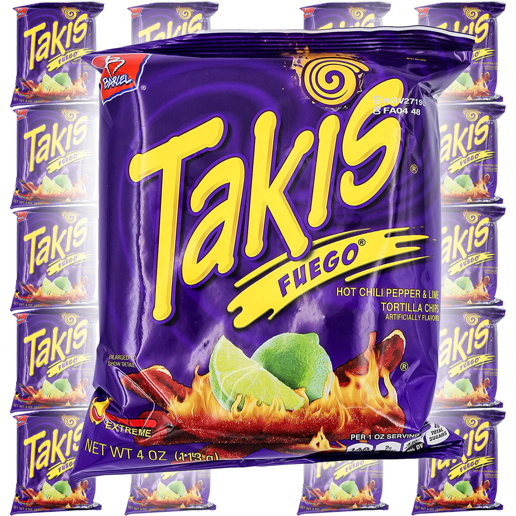 Barcel Takis Fuego Hot Chili Pepper & Lime Flavored Corn Tortilla Chips Snacks One 4.0 oz, 20 Bags, Single serve - SANI-LLC