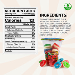 Six 6oz cups of Fun Fruit Bites assorted sour gummy candies with round fruit-shaped gummies in vibrant colors.