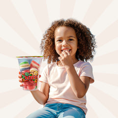 Assorted sour gummy candies in a round cup, Fun Fruit Bites brand, featuring colorful fruit-flavored bites in a 6oz pack.