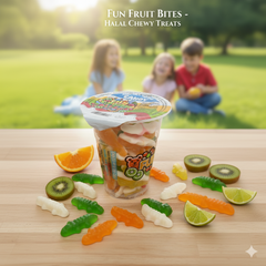 Fun Fruit Bites Assorted Gummy Candy Cup - Chewy Crocodile & Fruit Shaped Treats, Halal Certified