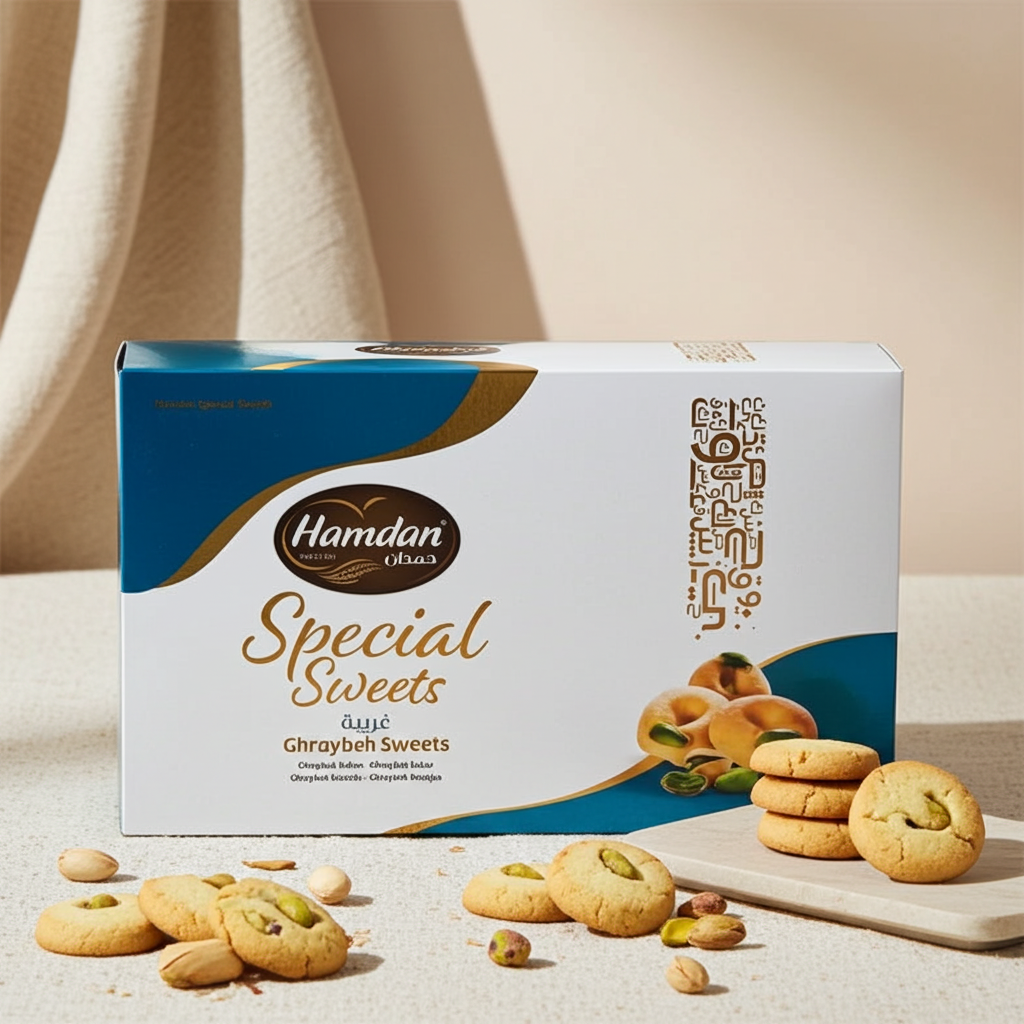 Hamdan Bakeries Ghraybeh shortbread cookies in 300g package, traditional sweet treats for gifting and special occasions.