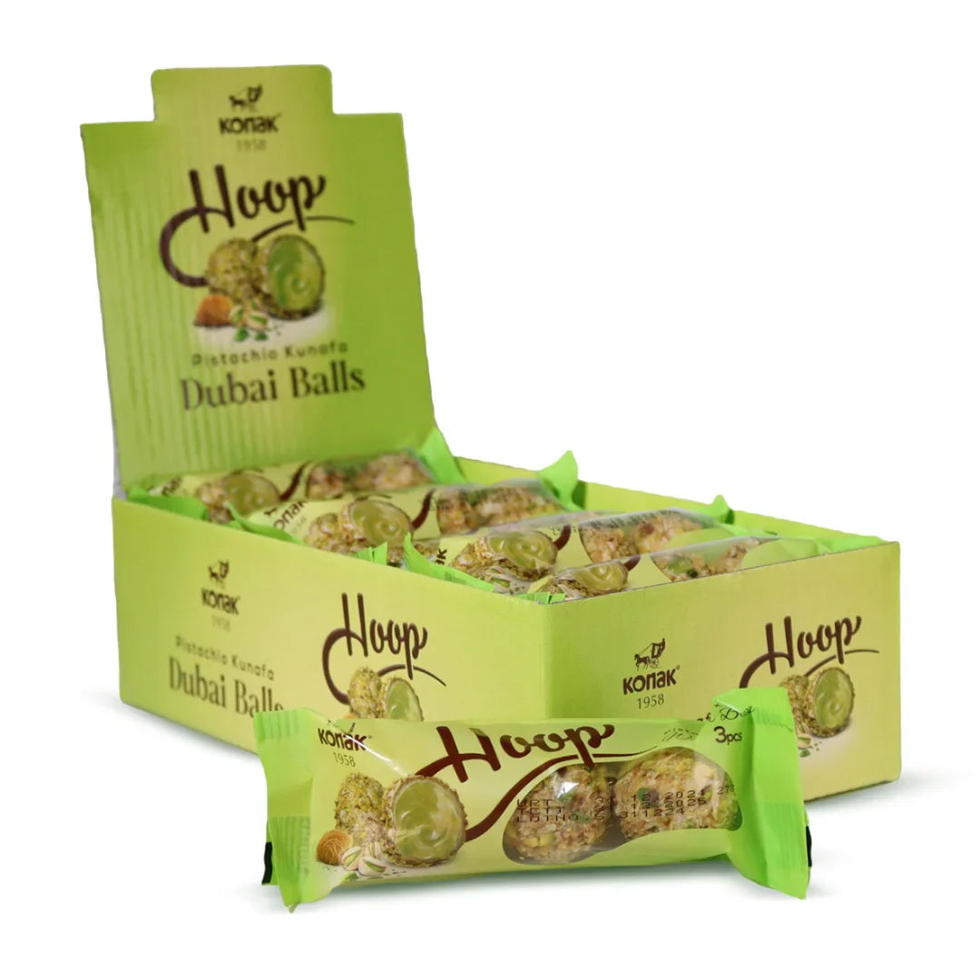 Konak Hoop Pistachio Kunafa Dubai Balls, 12 Packs (11.43 Oz Total), Gourmet Pistachio & Crispy Kunafa Filling, Authentic Middle Eastern Chocolate Snacks for Gifting and Gatherings - SANI-LLC
