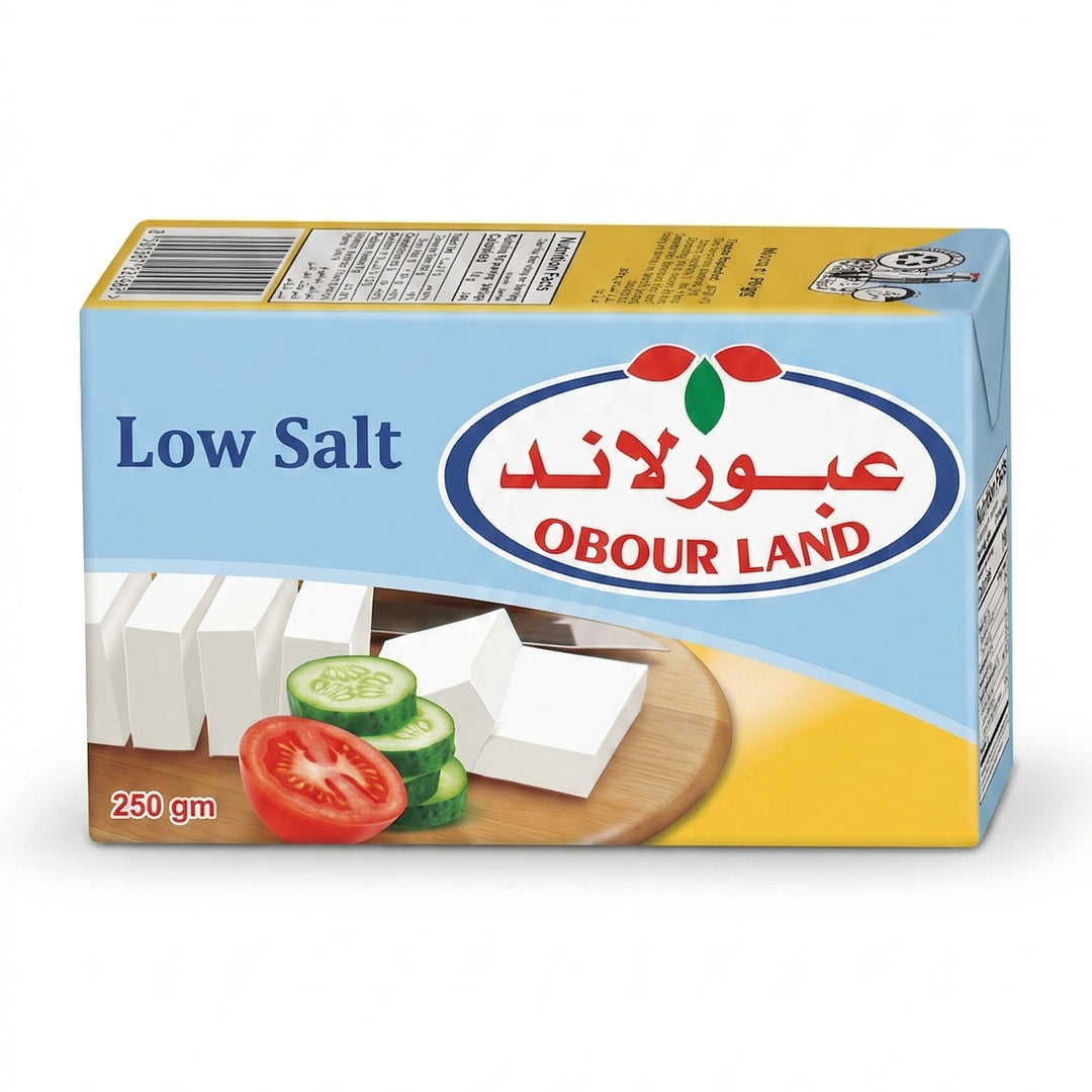 Obour Land White Cheese 250g low salt block, showing creamy texture and fresh appearance, ideal for healthy breakfasts.