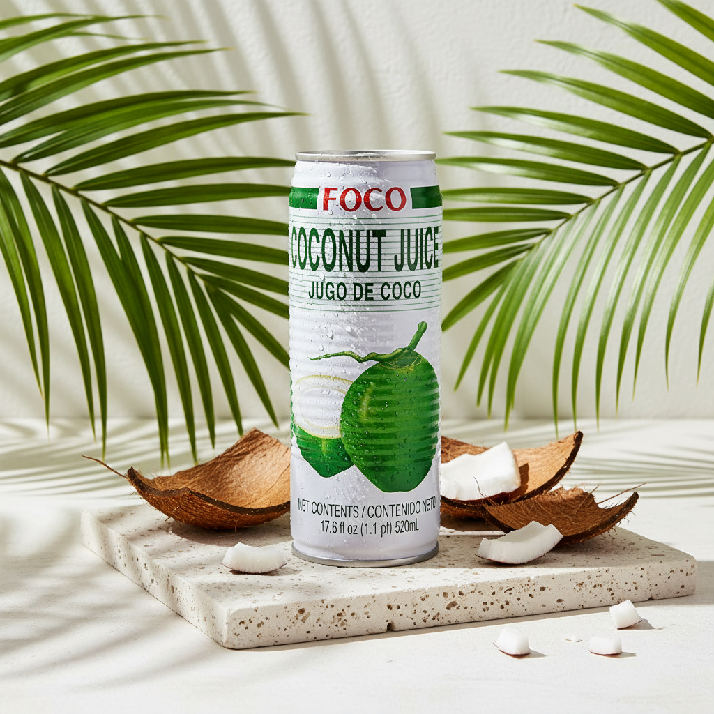 FOCO coconut juice can with vibrant label, showcasing Thai coconut drink with pulp, highlighting natural hydration and high potassium content.