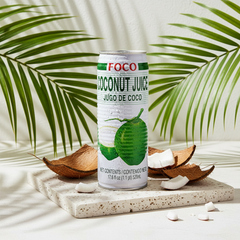 FOCO coconut juice can with vibrant label, showcasing Thai coconut drink with pulp, highlighting natural hydration and high potassium content.