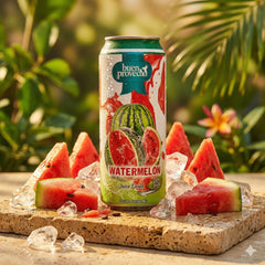Buen Provecho Watermelon Juice 16.57oz bottle with pulp, showcasing refreshing fruit beverage in a clear plastic container.
