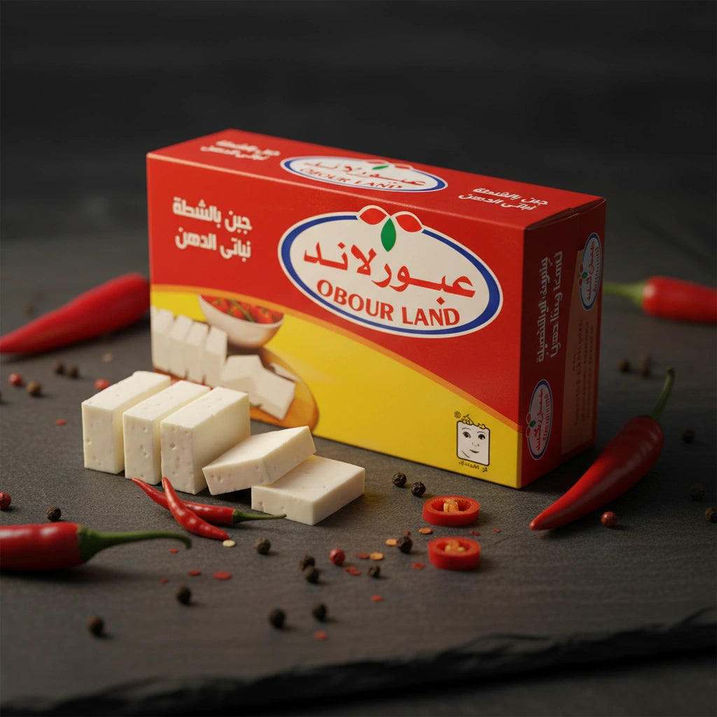 Obour Land White Cheese with Chili in a 250g tetra pack, creamy, spicy feta-style cheese for Middle Eastern breakfasts and salads.
