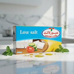 Obour Land low salt white cheese in 500g packaging, creamy Egyptian-style feta cheese for salads, sandwiches, and breakfasts