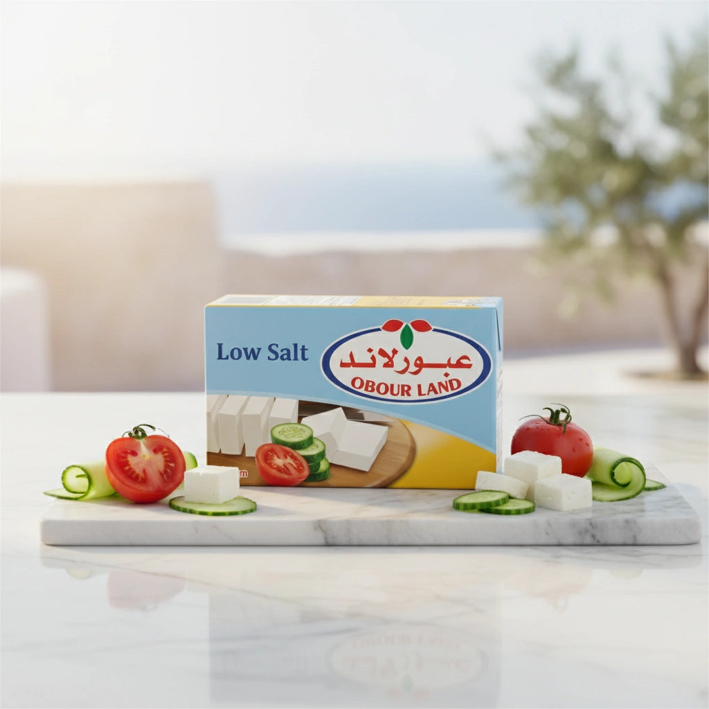 Obour Land low salt white cheese 250g package with a clean, fresh design for healthy breakfasts