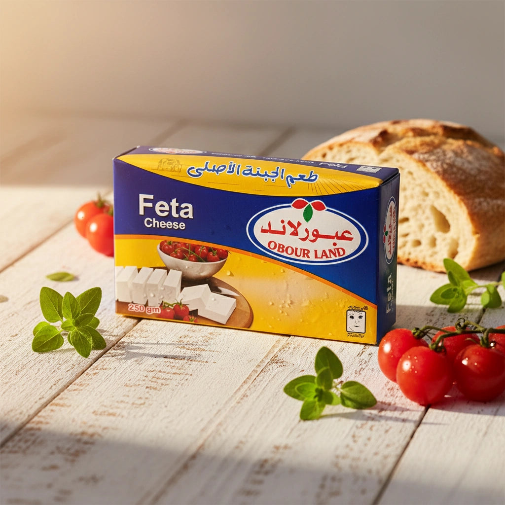 Obour Land Feta cheese 250g block, creamy white cheese ideal for salads and breakfast dishes.