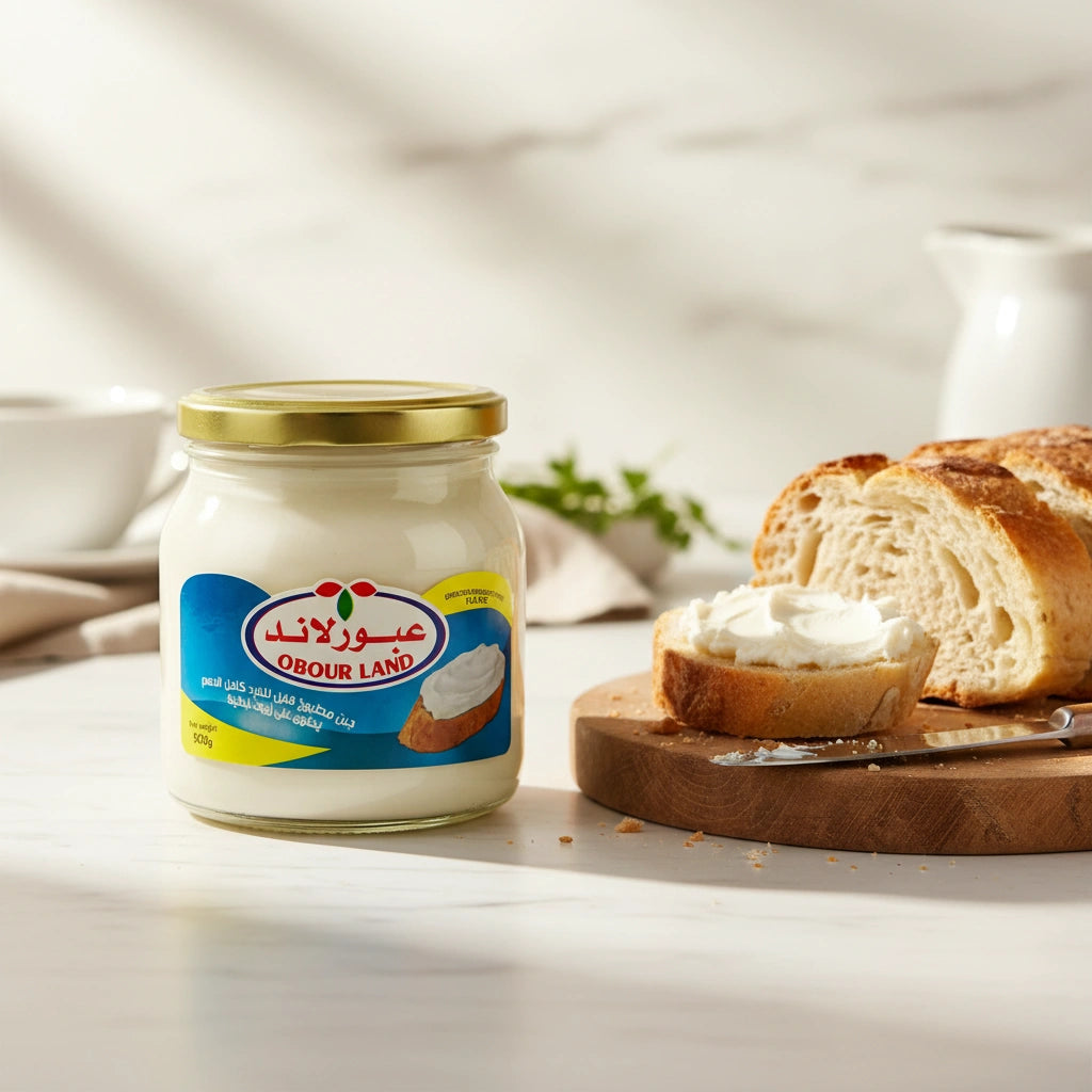 Obour Land 500g jar of spreadable processed cheese with creamy white texture, ideal for breakfast and snacks.