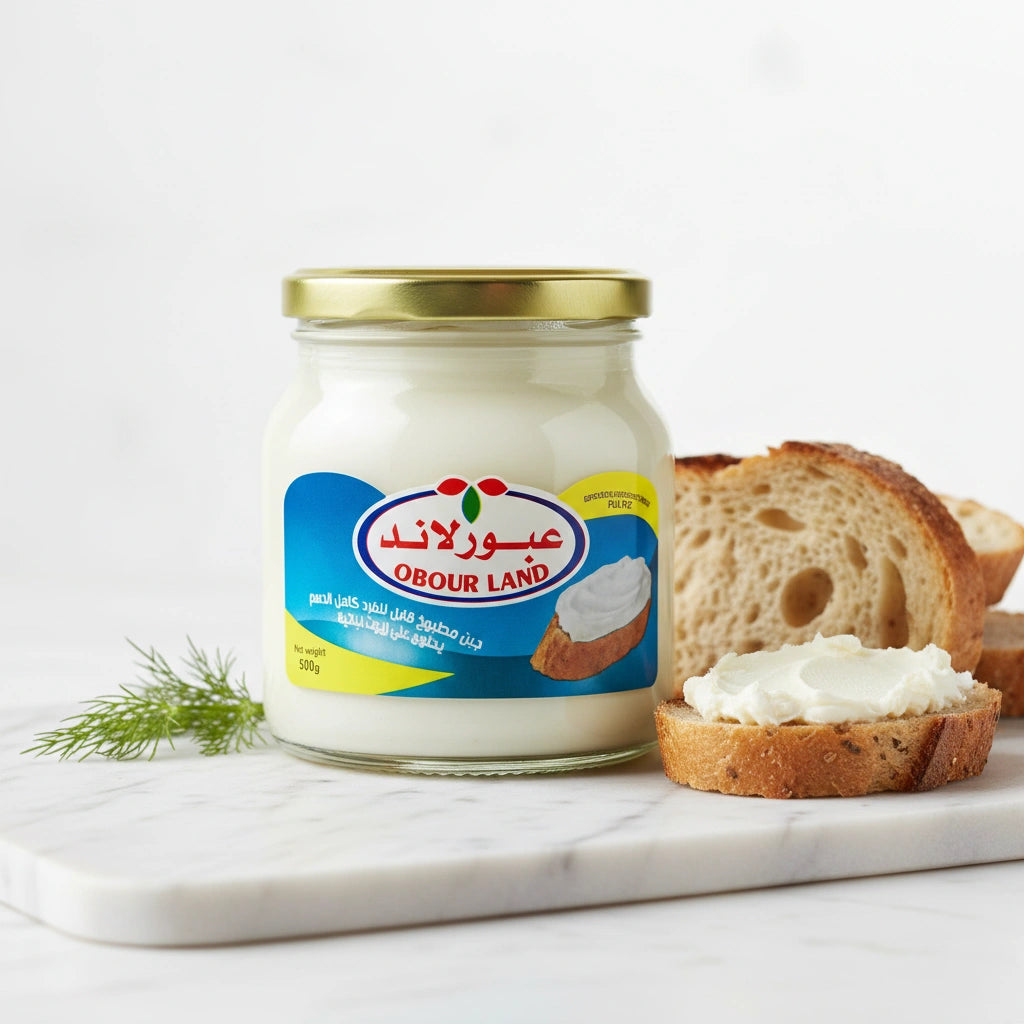Obour Land 500g jar of creamy white processed cheese spread with velvety texture, ideal for breakfast and snacks