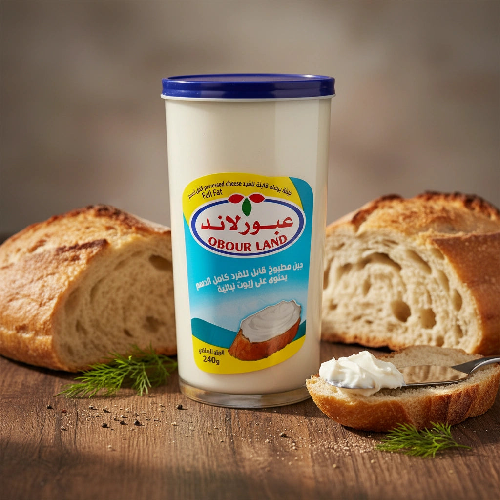 Obour Land white cheese spread in a 240g jar, creamy texture and rich flavor, ideal for sandwiches, snacks, and dipping.
