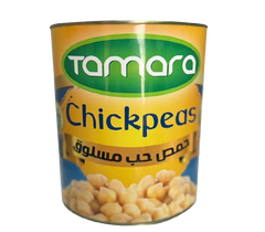 Canned Tamara boiled chickpeas in a 6.6lb can, ready for hummus or cooking, showcasing the legumes with label visible.