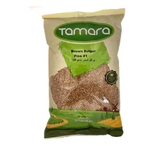 Tamara Brown Bulgur Fine #1, 2lb, premium grain for tabbouleh, shown in a clear image highlighting the fine texture and packaging.