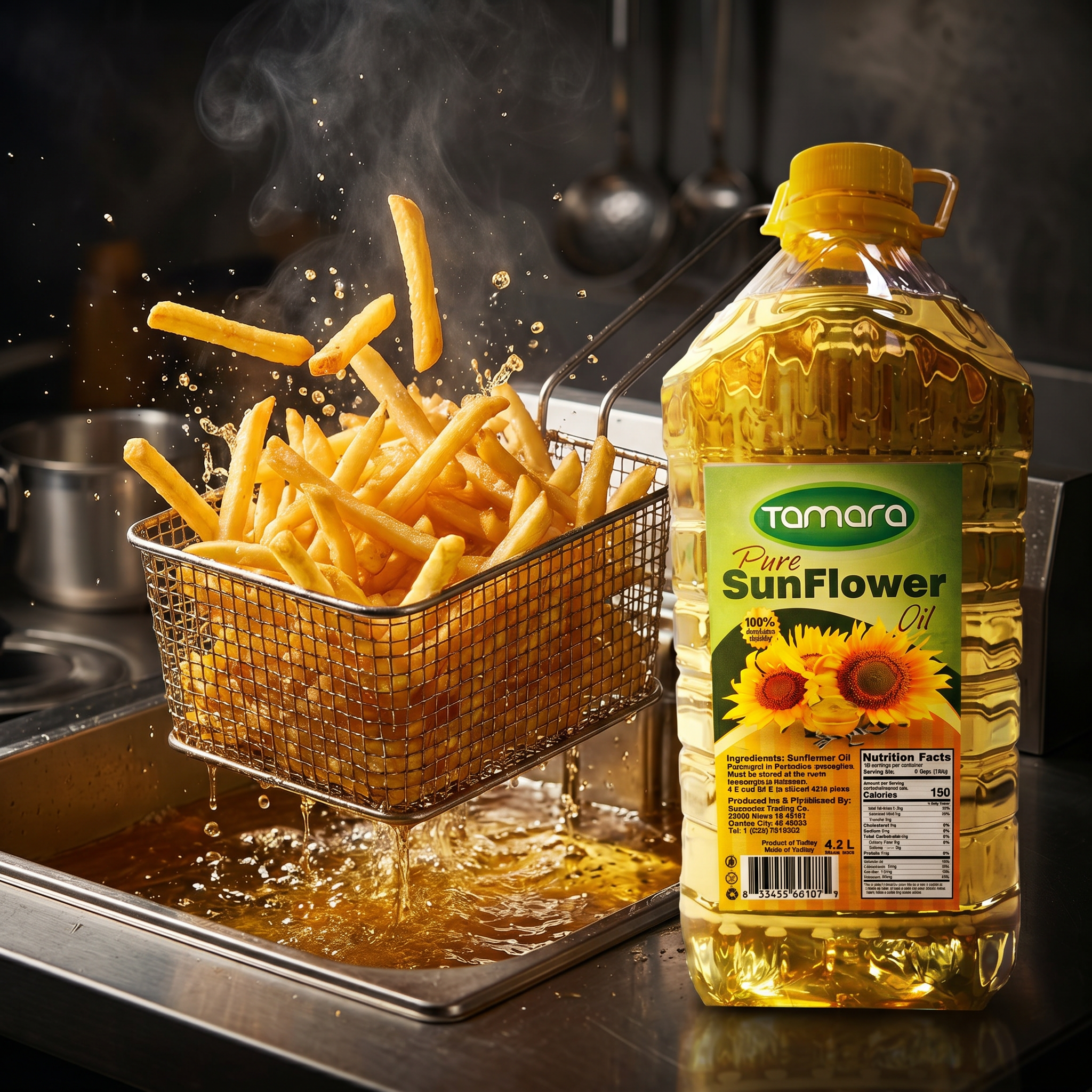 Tamara Pure Sunflower Oil 4.5L bottle, premium cooking oil ideal for frying and cooking.