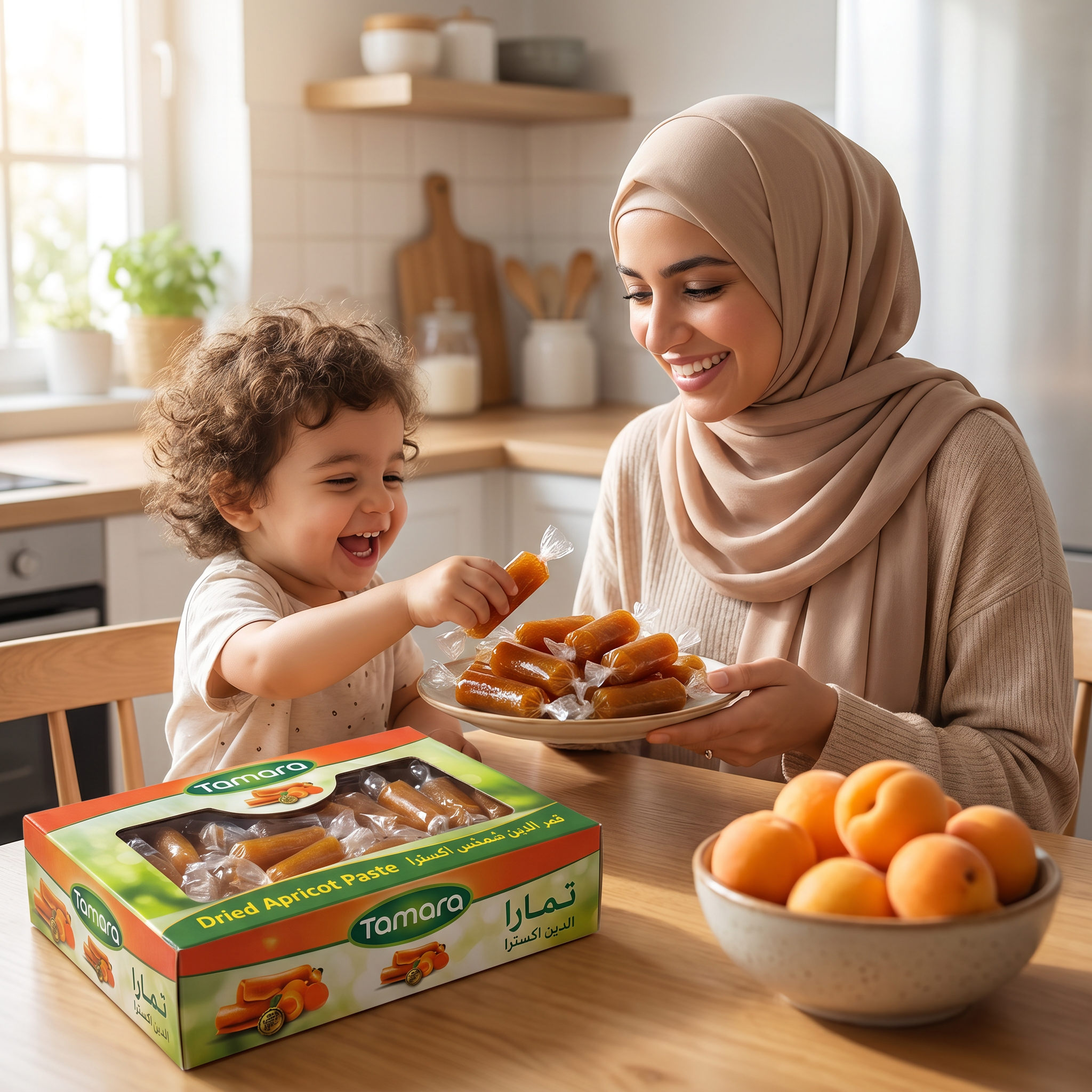 Tamara dried apricot paste rolls in a 750g package, individually wrapped apricot snack rolls on display.