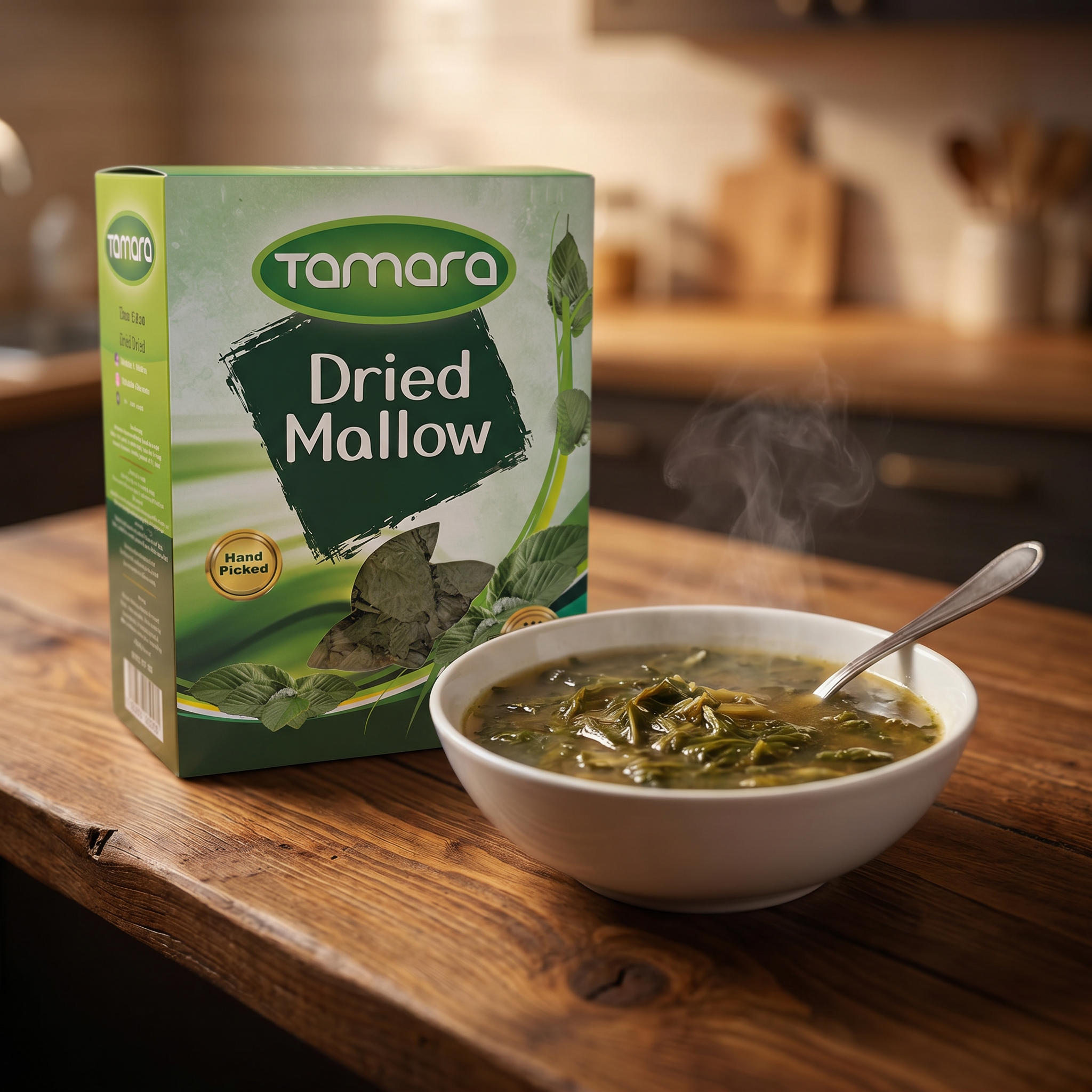 Tamara dried mallow leaves in a 200g package, hand-picked for herbal stews, from Tamara's tea, coffee, and herbs collection.