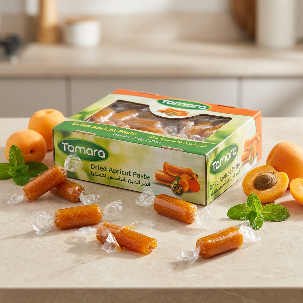 Tamara dried apricot paste rolls in 750g package, individually wrapped apricot snack with vibrant orange color