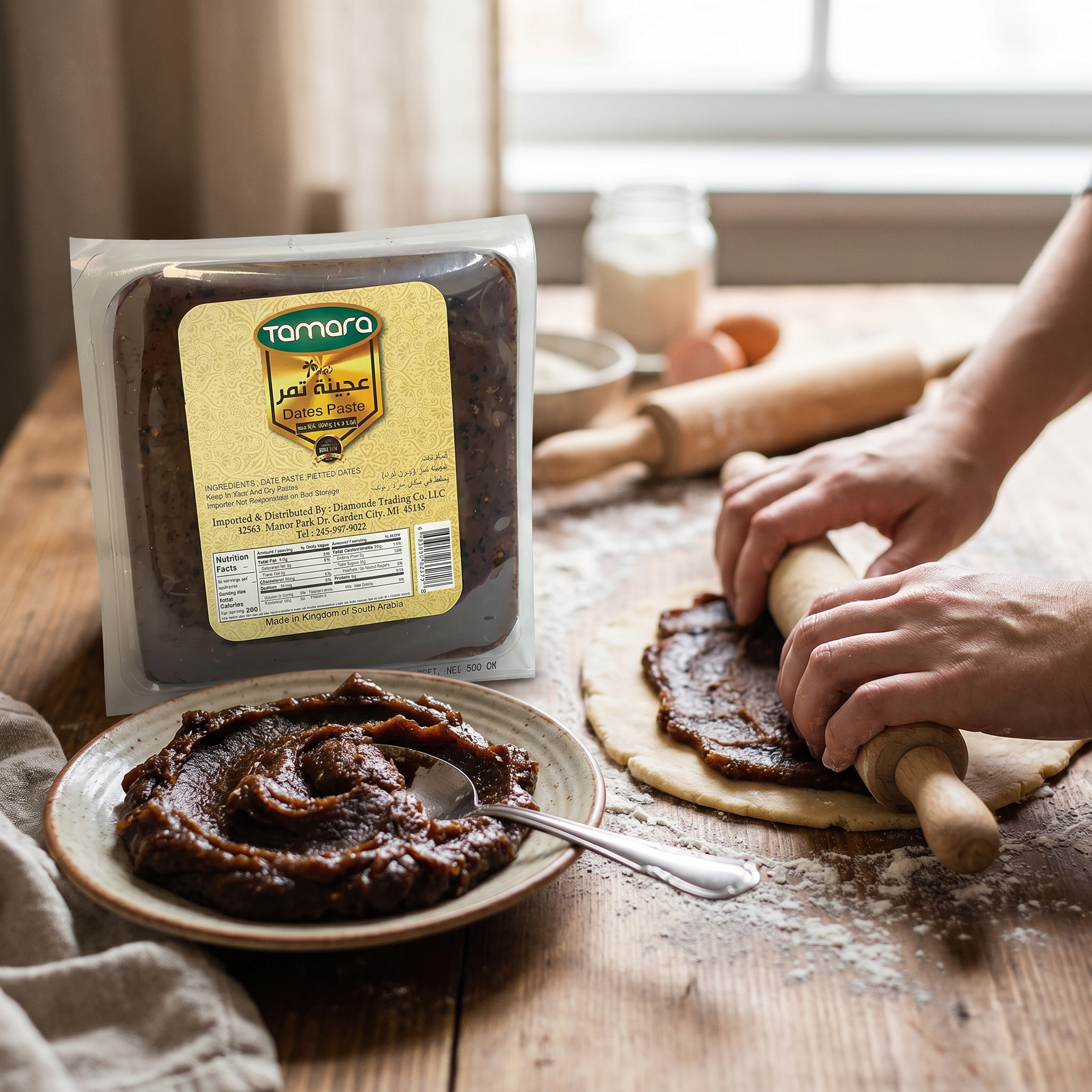 Tamara Natural Dates Paste 500g jar showing smooth, dark pitted dates paste for baking and desserts in a clear container