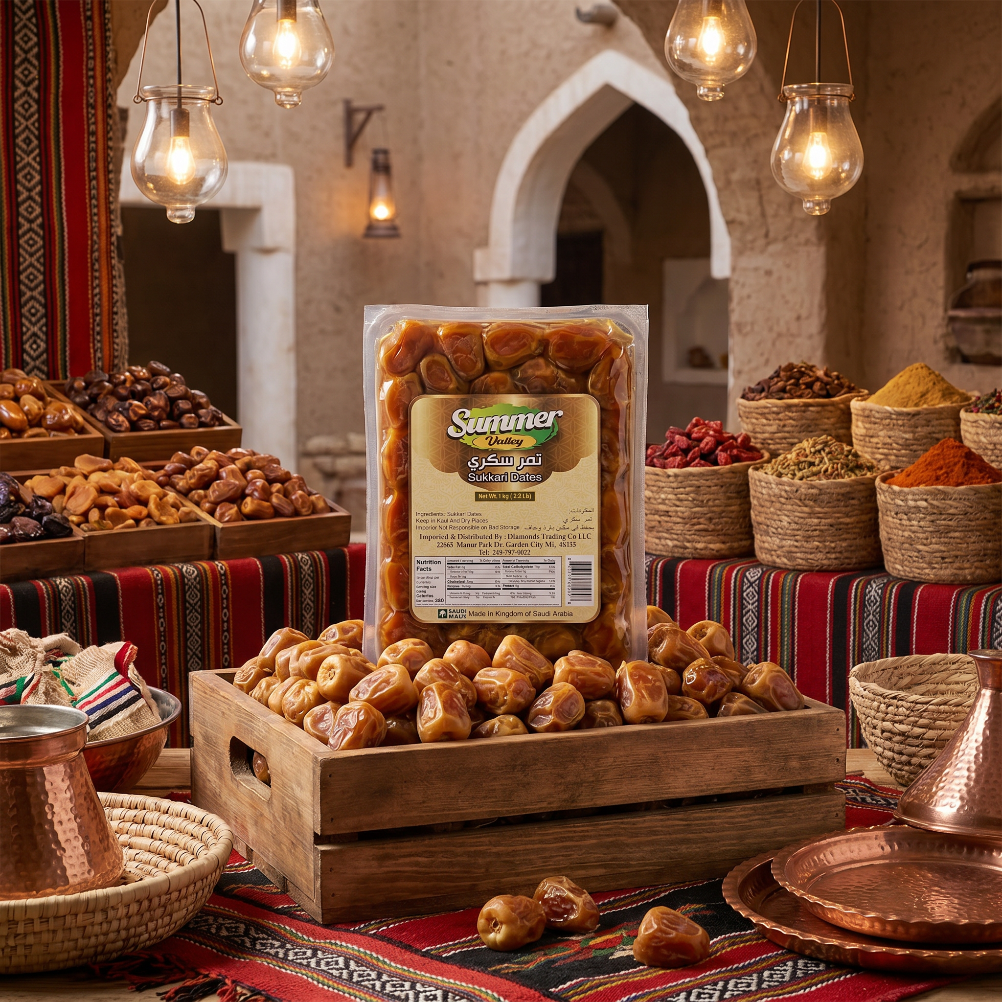 Summer Valley Premium Sukkari Dates in a 1kg tray, showcasing soft, naturally sweet Saudi Arabian dates with caramel flavor and high fiber.
