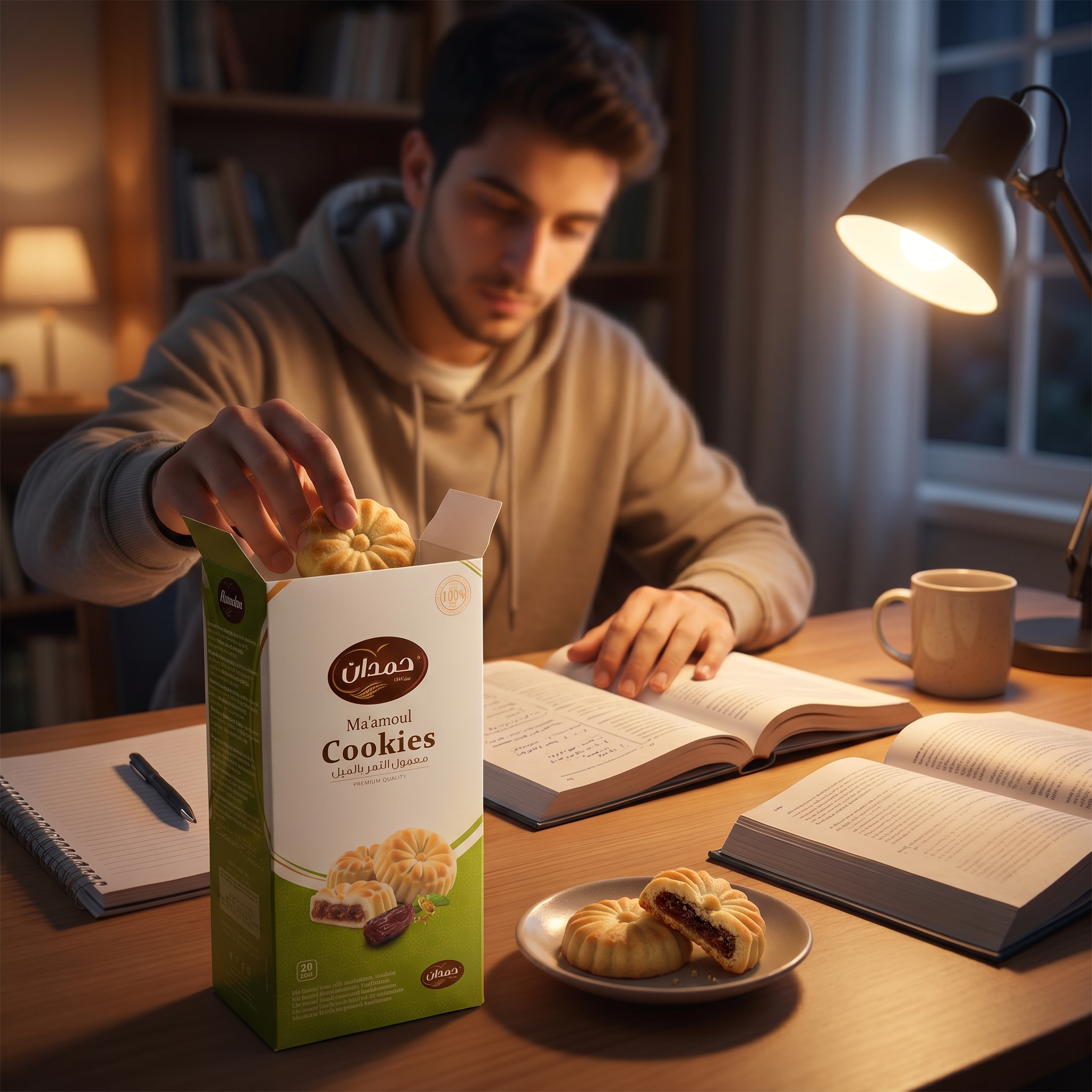 Hamdan Ma'amoul date cookies with cardamom, 20 pieces, traditional shortbread biscuits filled with dates for coffee or tea.
