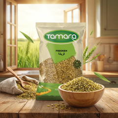 Tamara cracked green freekeh, roasted young wheat whole grain, 2lb package, showing the green cracked wheat in a clear bag.