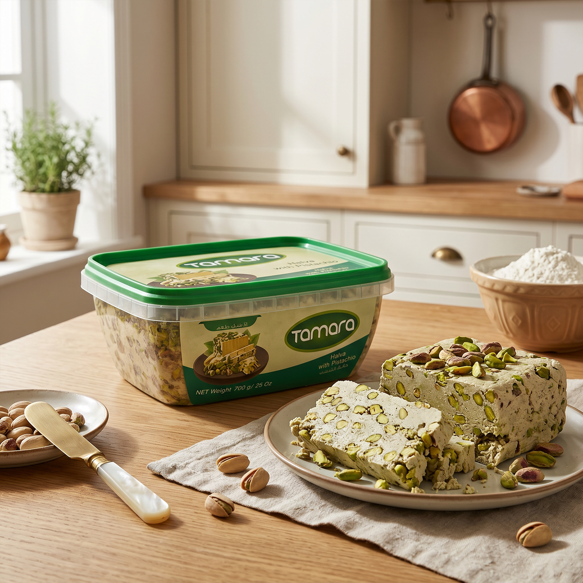 Tamara Pistachio Halva, 700g, featuring sesame tahini dessert with chopped pistachios in a clear container.
