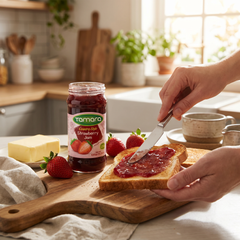 Tamara Strawberry Jam 430g jar with country-style label, spread for breakfast, featuring fresh strawberries and fruit preserves.