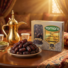 Tamara Premium Safawi Dates in a 1kg box, showcasing soft, chewy, natural Saudi Arabian dates high in fiber without added sugar.