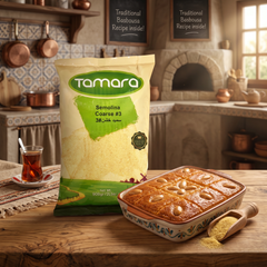 Tamara Coarse Semolina #3 in 2lb bag, premium durum wheat grain for desserts, shown in a clear image with grains visible