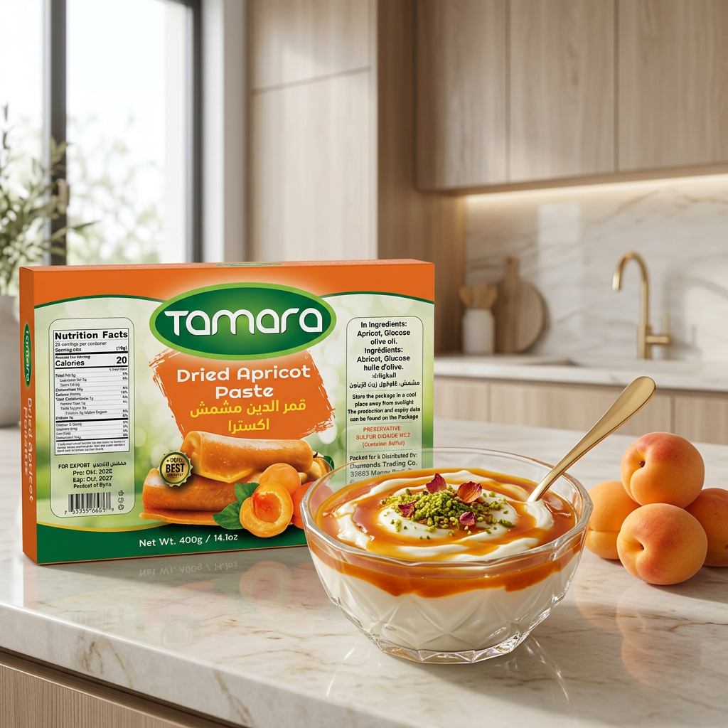 Tamara dried apricot paste and Qamar al-Din fruit leather sheet in 400g package, showcasing the apricot-based fruit product.