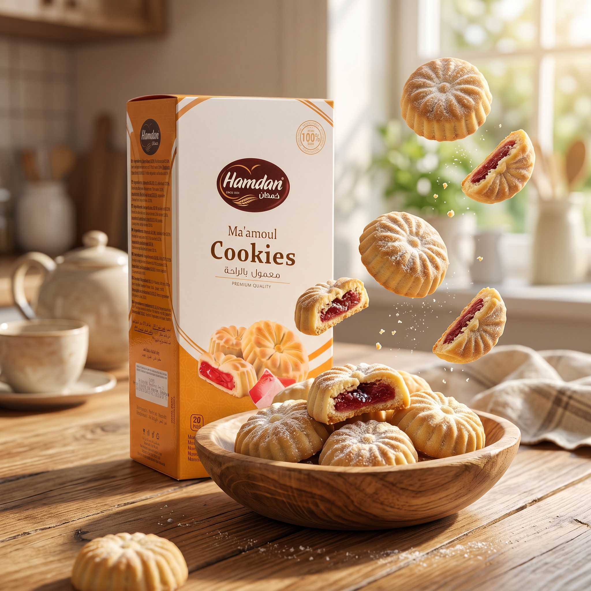 Hamdan Ma'amoul cookies with Turkish Delight filling, traditional shortbread biscuits, 20-count gourmet snack for coffee or tea.