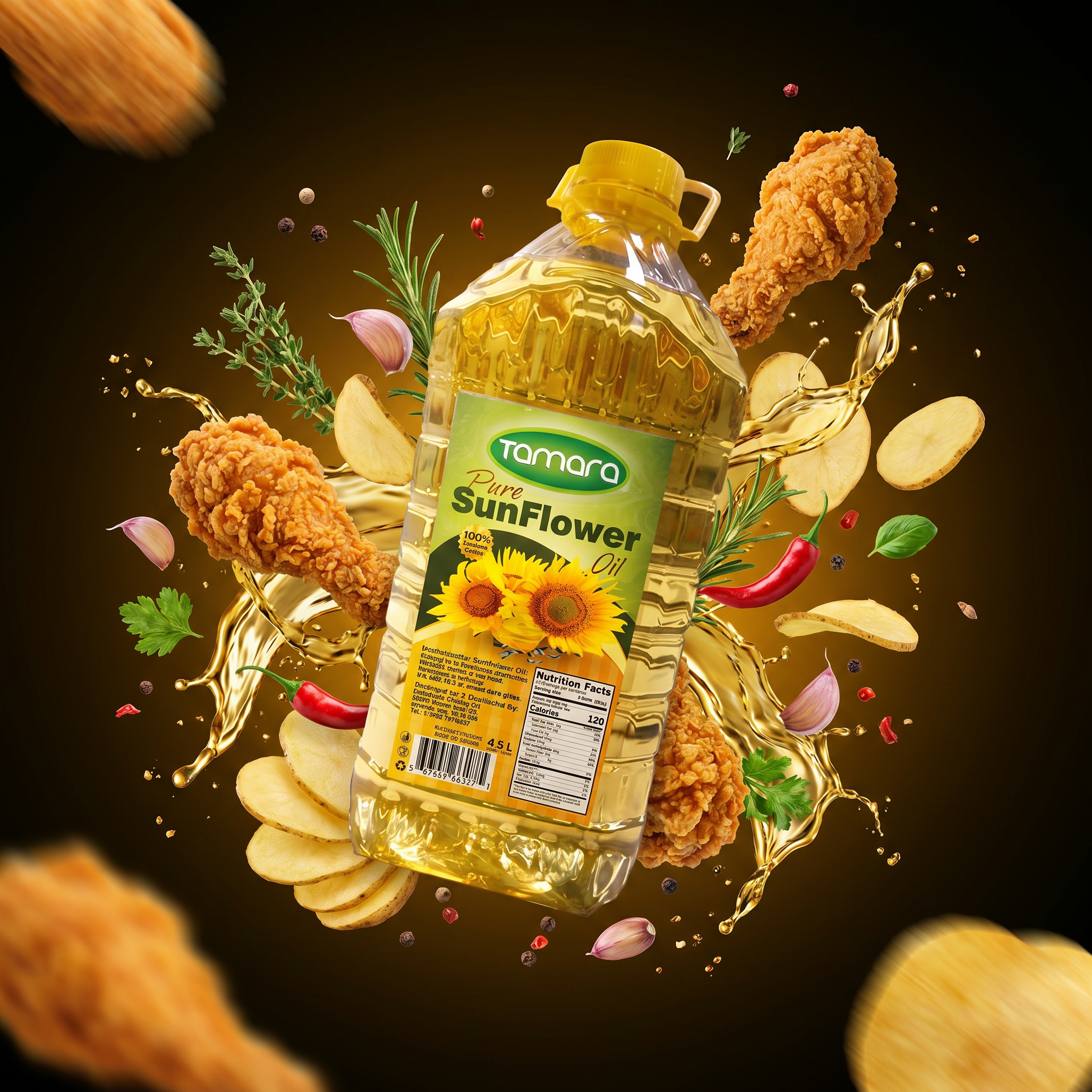 Tamara Pure Sunflower Oil 4.5L bottle, premium cooking oil for frying, with clear label and golden sunflower imagery.