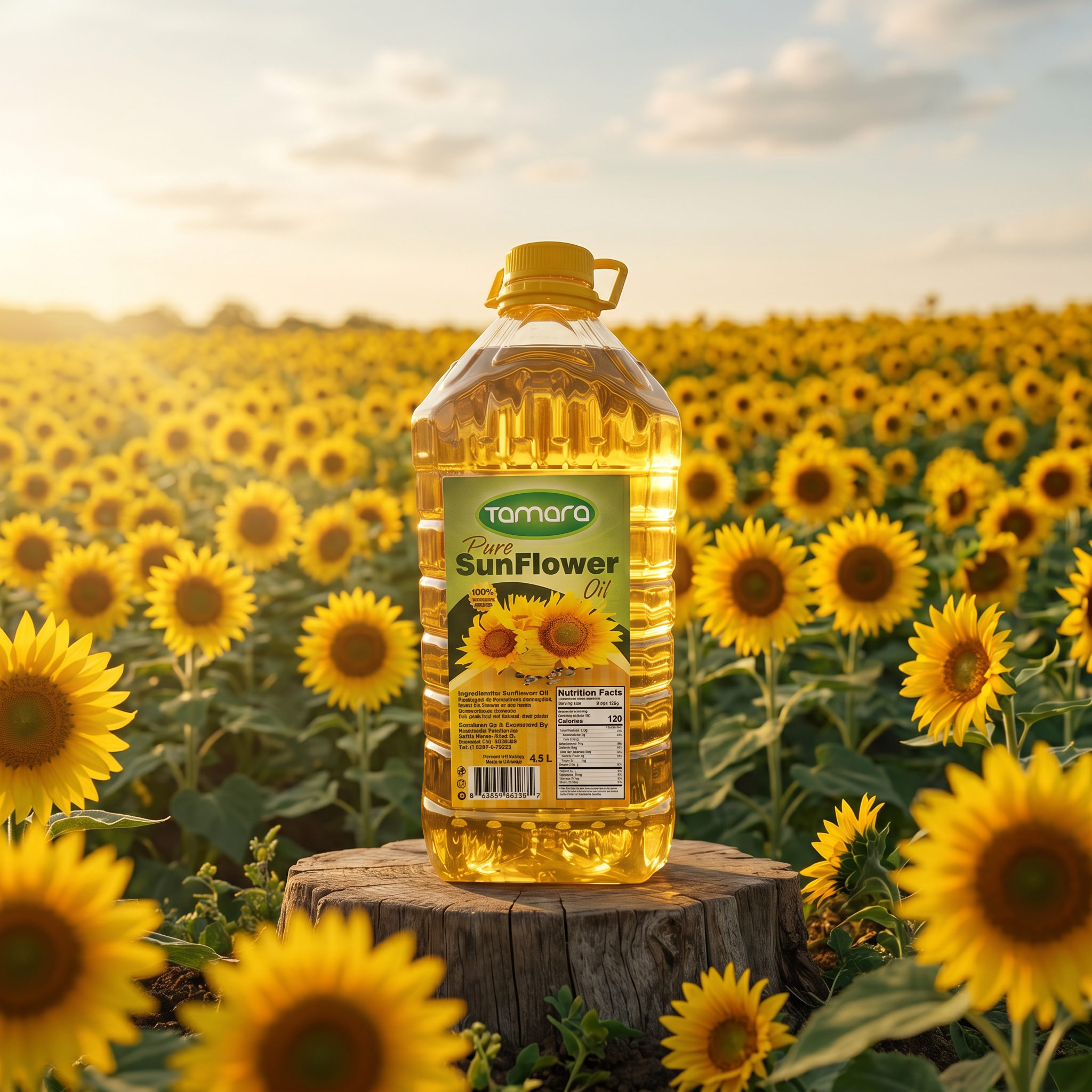 Tamara Pure Sunflower Oil 4.5L bottle, premium cooking oil for frying, with clear label and golden liquid inside the bottle.