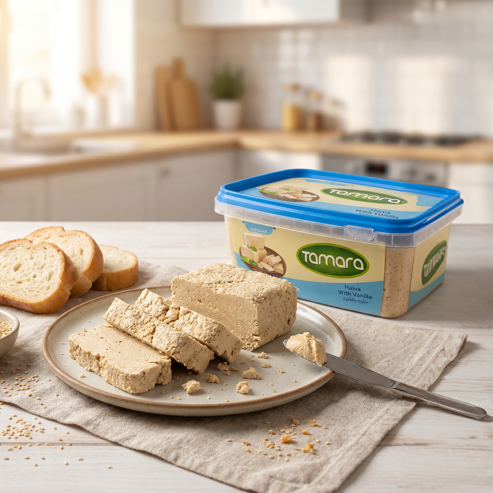 Tamara Vanilla Halva 700g, traditional sesame tahini dessert, showing a block of creamy vanilla-flavored halva wrapped in clear packaging.