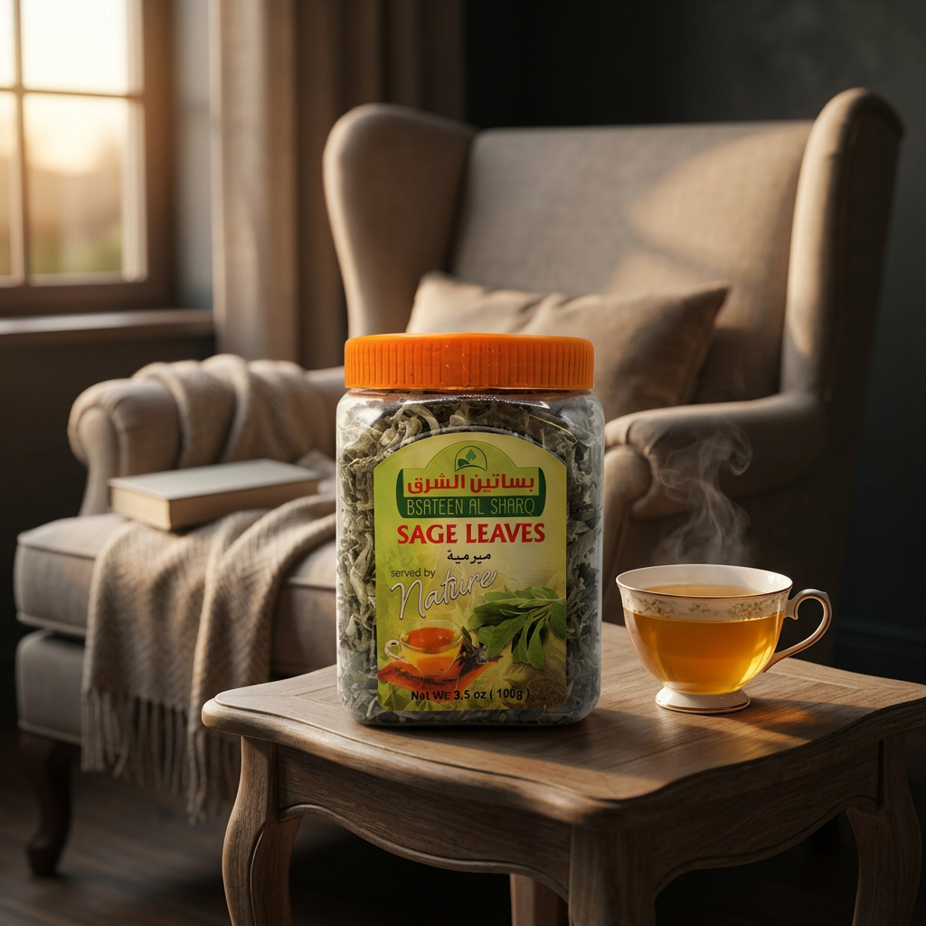 Bsateen Al Sharq dried sage leaves in a 3.5oz package, natural herb for tea, showing green sage leaves on the packaging.