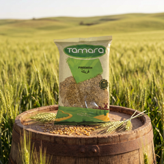 Tamara Cracked Green Freekeh roasted young green wheat grains in a 2lb package, whole grain legume with a greenish hue.