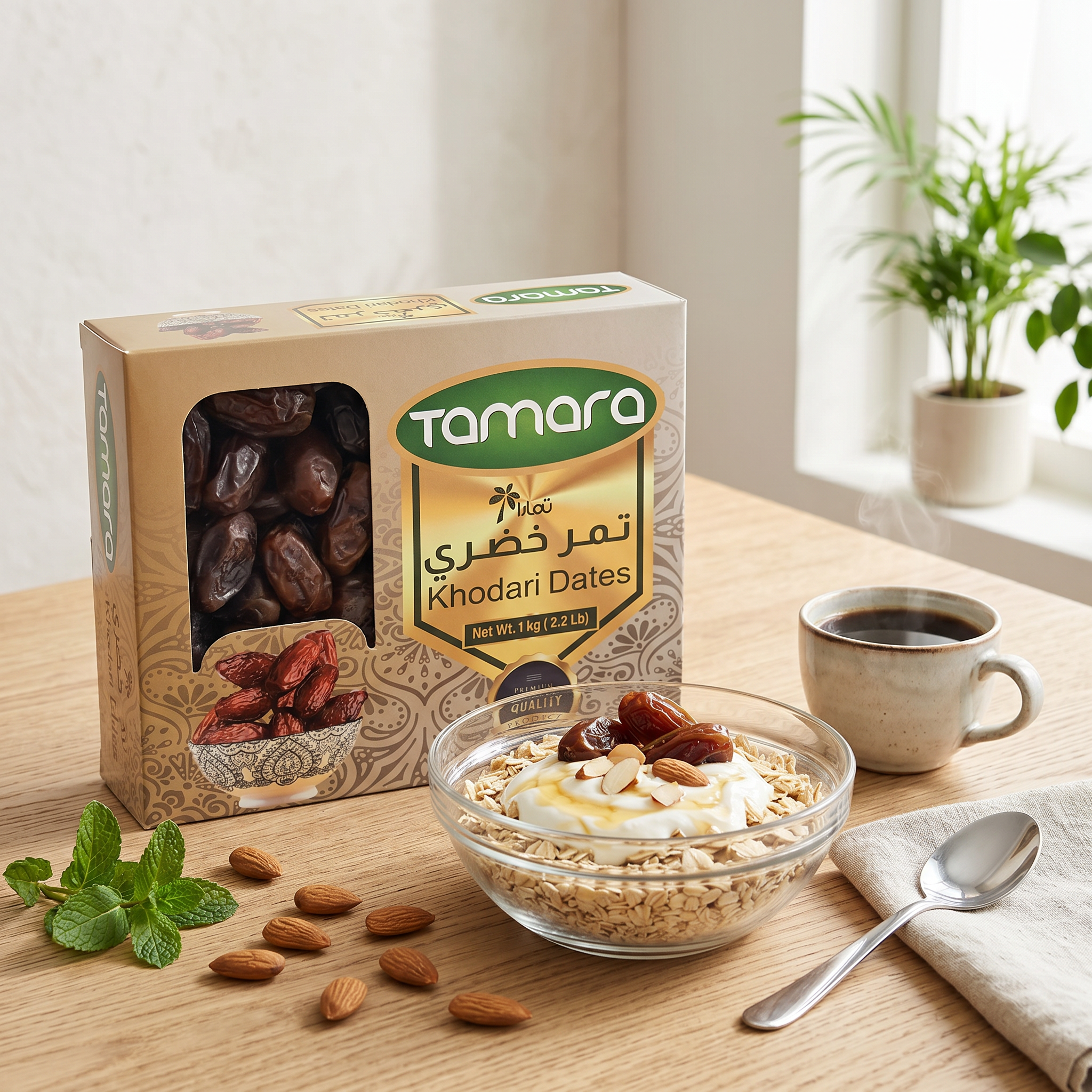 Tamara premium Saudi Arabian whole dates in 1kg pack, naturally sweet, fiber-rich vegan superfood snack with no added sugar.