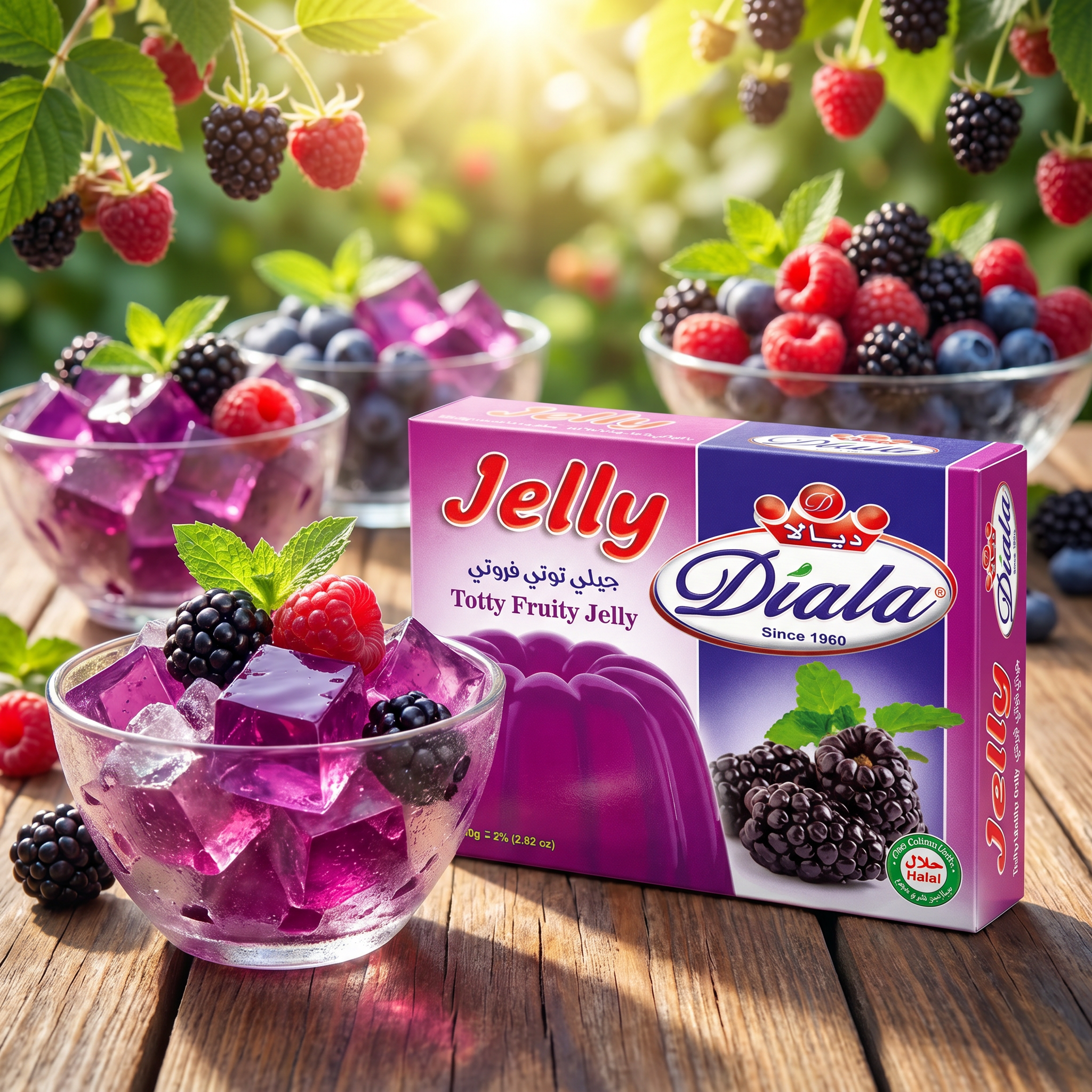 Diala Totty Fruity Jelly Halal dessert mix in 80g package with colorful fruit-flavored jelly cubes and gelatin powder.
