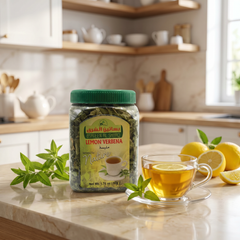 Bsateen Al Sharq Lemon Verbena dried leaves herbal infusion in 1.76oz package, showing fresh green lemon verbena leaves.