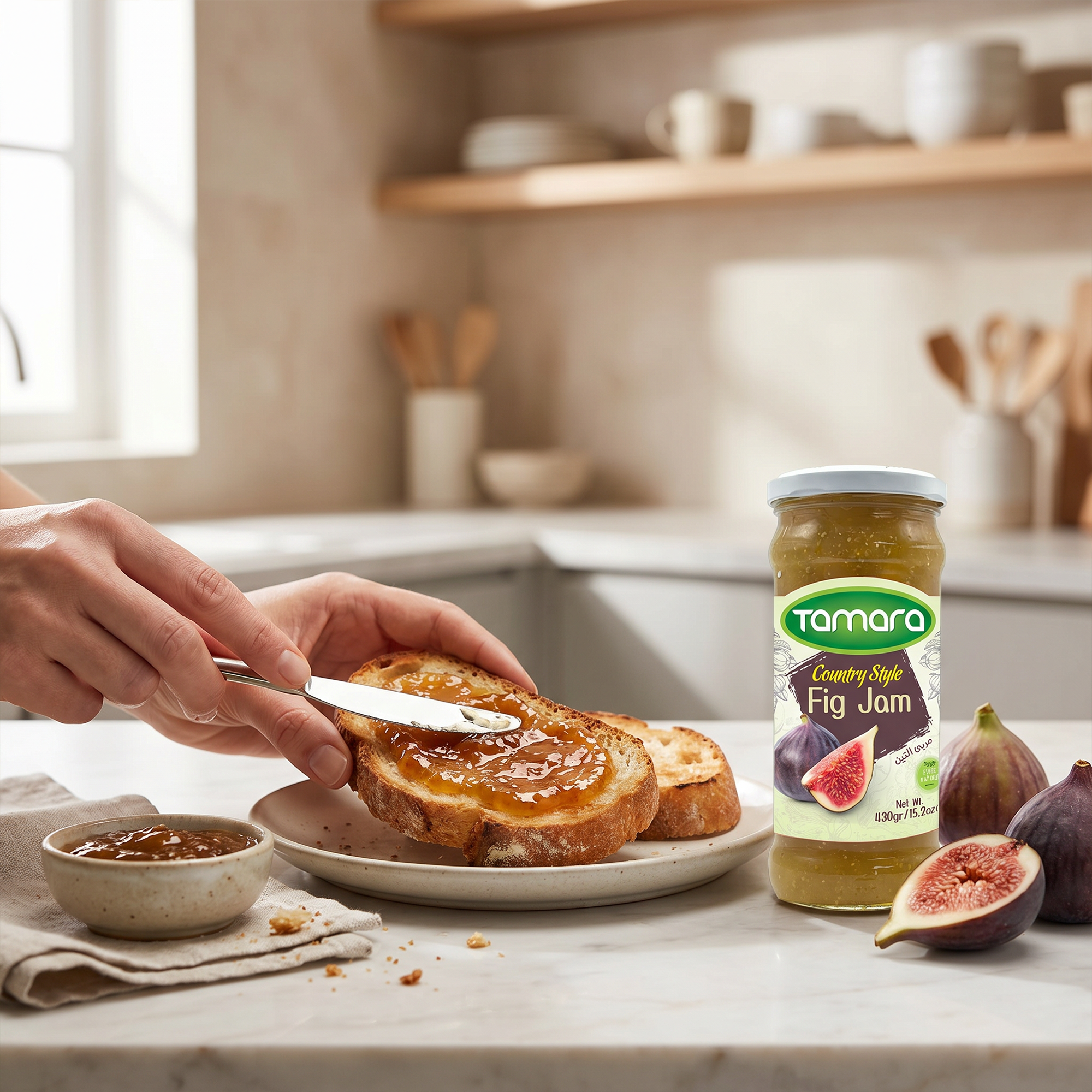 Tamara Country Style Fig Jam in a 430g jar, featuring a rustic label and a spoonful of fruit spread for toast.